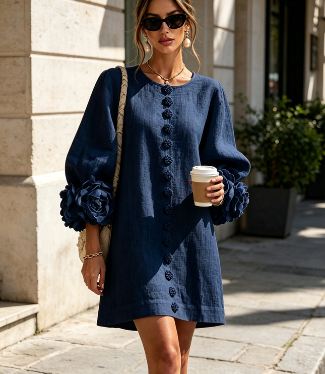 Women's Button-Front Mini Dress with Floral Rosette Cuffs