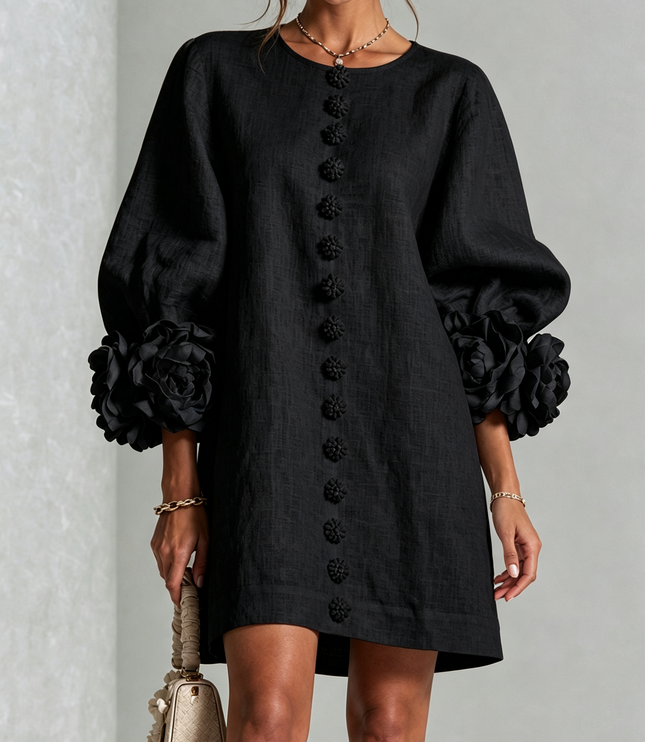 Women's Button-Front Mini Dress with Floral Rosette Cuffs