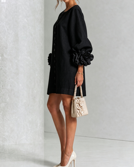 Women's Button-Front Mini Dress with Floral Rosette Cuffs