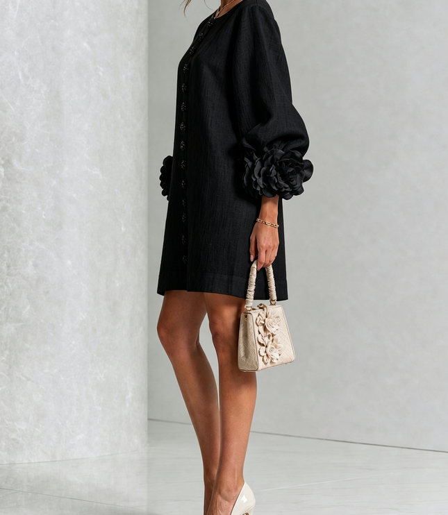 Women's Button-Front Mini Dress with Floral Rosette Cuffs
