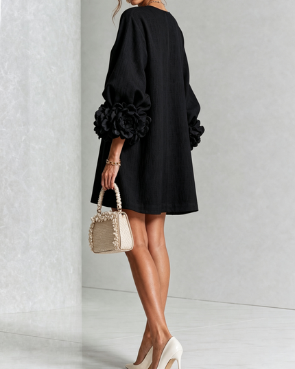 Women's Button-Front Mini Dress with Floral Rosette Cuffs
