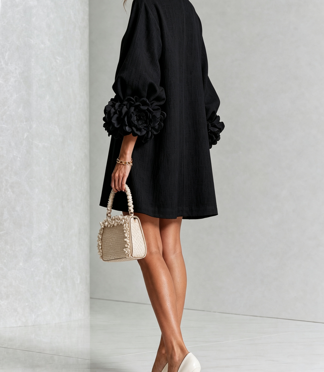 Women's Button-Front Mini Dress with Floral Rosette Cuffs