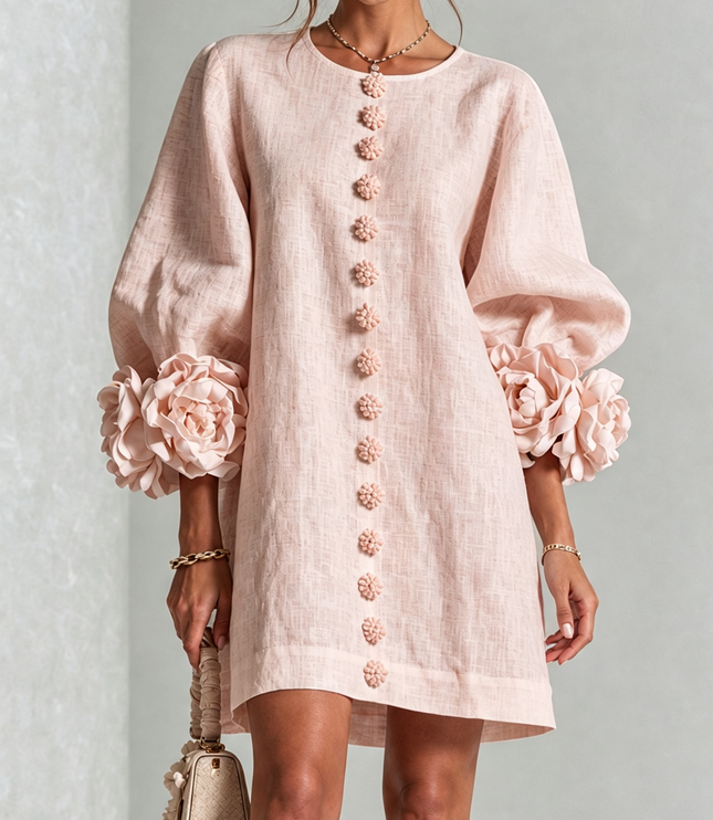 Women's Button-Front Mini Dress with Floral Rosette Cuffs