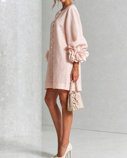 Women's Button-Front Mini Dress with Floral Rosette Cuffs