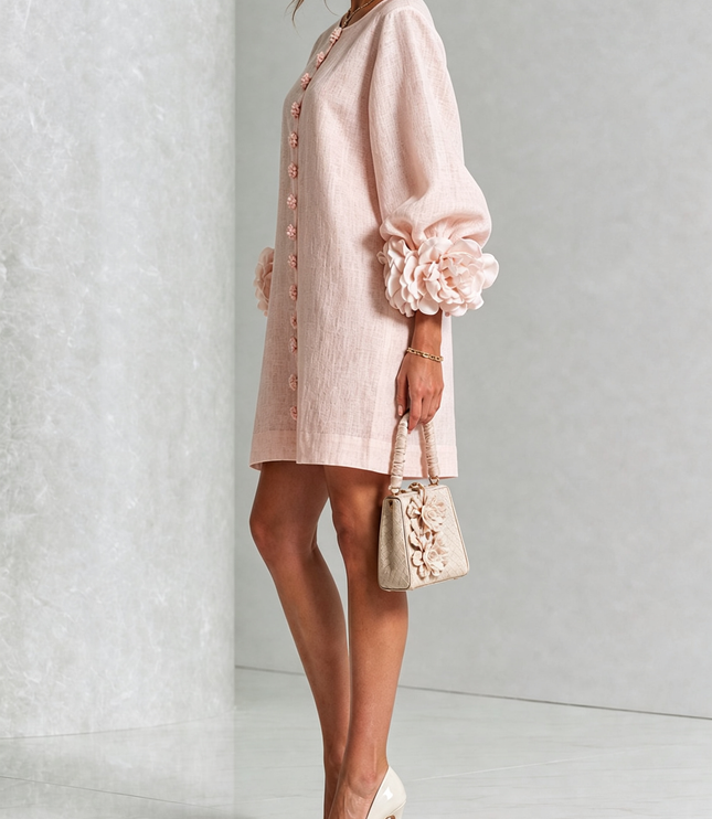 Women's Button-Front Mini Dress with Floral Rosette Cuffs