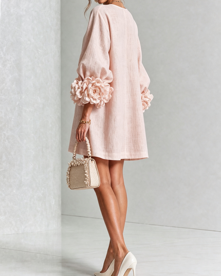 Women's Button-Front Mini Dress with Floral Rosette Cuffs