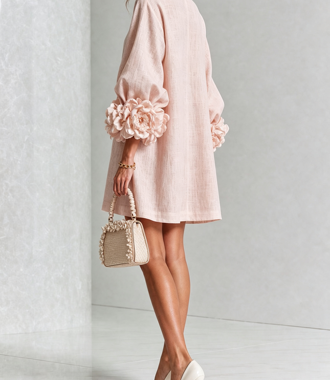 Women's Button-Front Mini Dress with Floral Rosette Cuffs