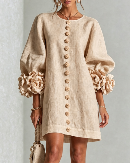Women's Button-Front Mini Dress with Floral Rosette Cuffs