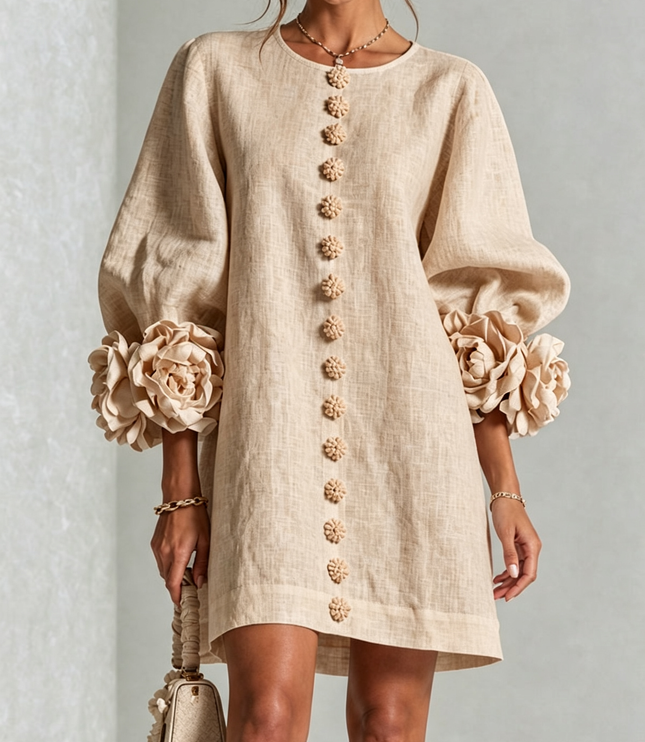 Women's Button-Front Mini Dress with Floral Rosette Cuffs