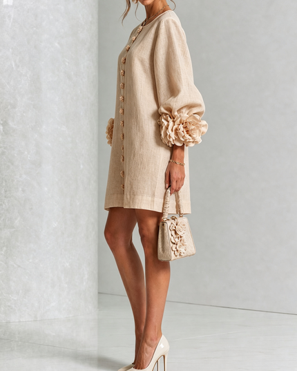 Women's Button-Front Mini Dress with Floral Rosette Cuffs