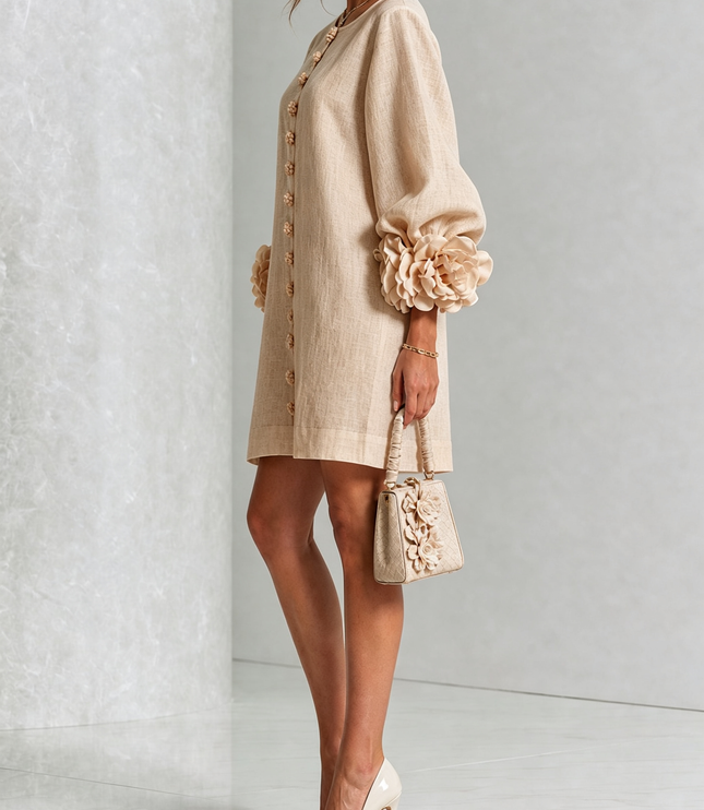 Women's Button-Front Mini Dress with Floral Rosette Cuffs
