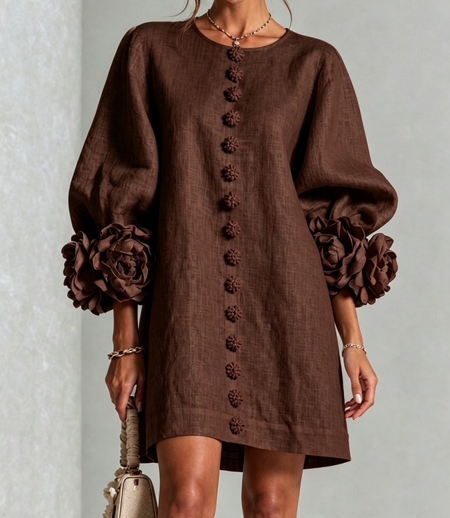 Women's Button-Front Mini Dress with Floral Rosette Cuffs