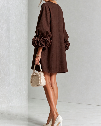 Women's Button-Front Mini Dress with Floral Rosette Cuffs