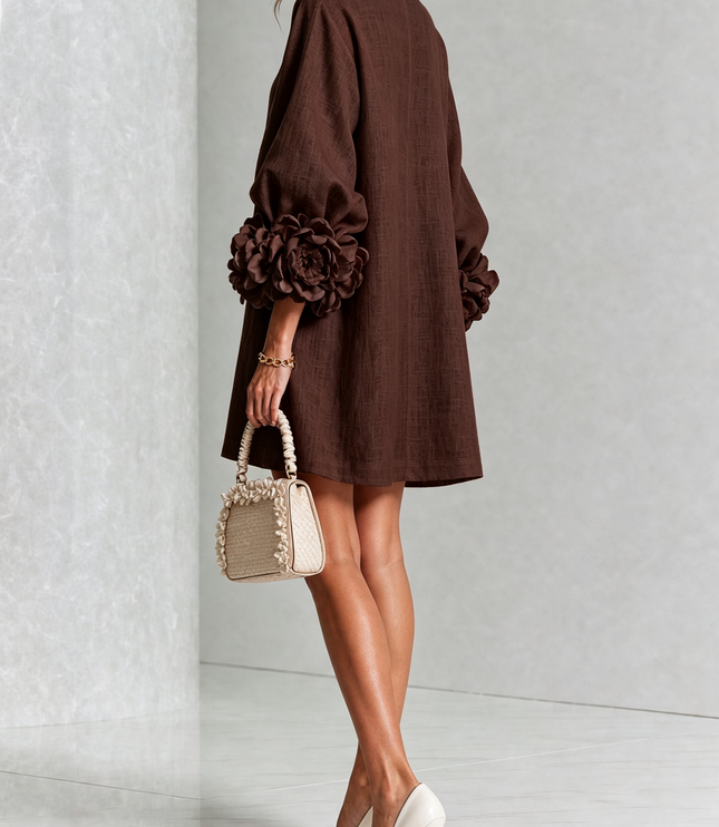 Women's Button-Front Mini Dress with Floral Rosette Cuffs