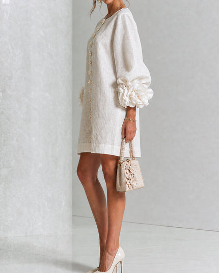 Women's Button-Front Mini Dress with Floral Rosette Cuffs