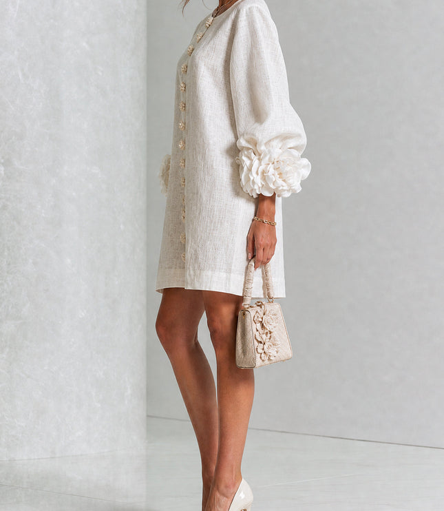 Women's Button-Front Mini Dress with Floral Rosette Cuffs