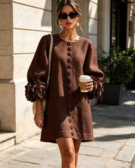 Women's Button-Front Mini Dress with Floral Rosette Cuffs
