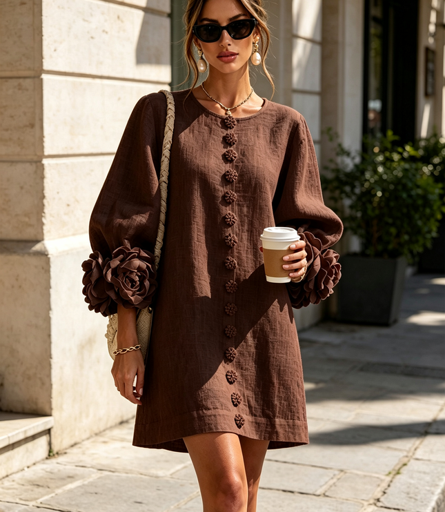 Women's Button-Front Mini Dress with Floral Rosette Cuffs