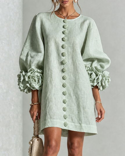 Women's Button-Front Mini Dress with Floral Rosette Cuffs