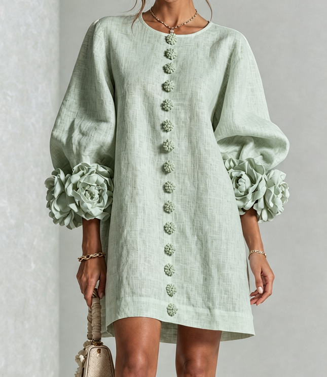 Women's Button-Front Mini Dress with Floral Rosette Cuffs