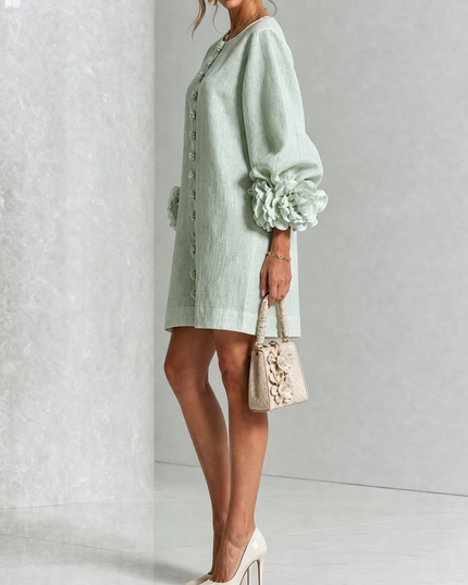 Women's Button-Front Mini Dress with Floral Rosette Cuffs
