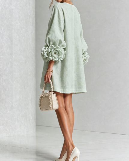 Women's Button-Front Mini Dress with Floral Rosette Cuffs