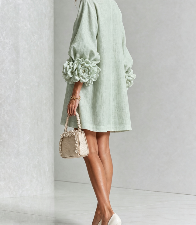 Women's Button-Front Mini Dress with Floral Rosette Cuffs