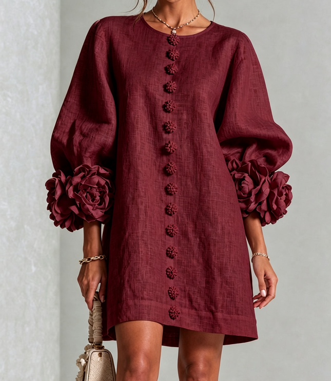Women's Button-Front Mini Dress with Floral Rosette Cuffs