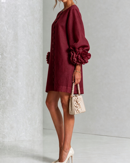 Women's Button-Front Mini Dress with Floral Rosette Cuffs