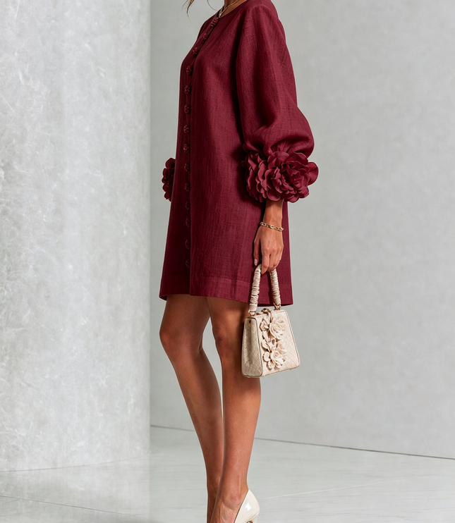 Women's Button-Front Mini Dress with Floral Rosette Cuffs