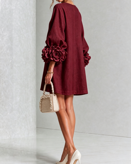 Women's Button-Front Mini Dress with Floral Rosette Cuffs