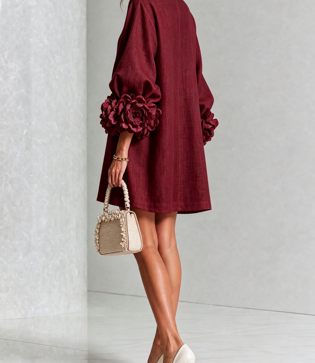 Women's Button-Front Mini Dress with Floral Rosette Cuffs