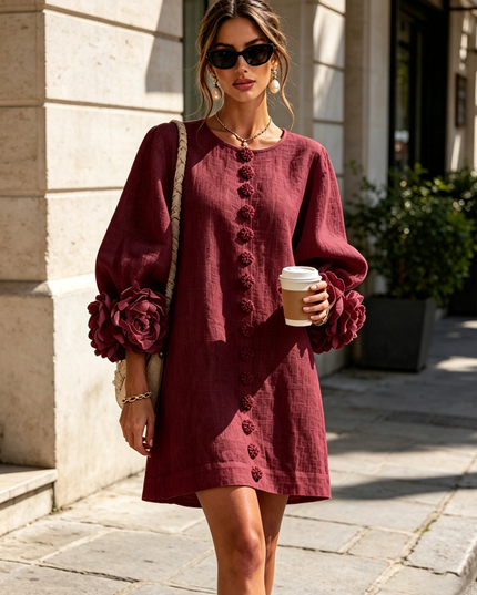 Women's Button-Front Mini Dress with Floral Rosette Cuffs