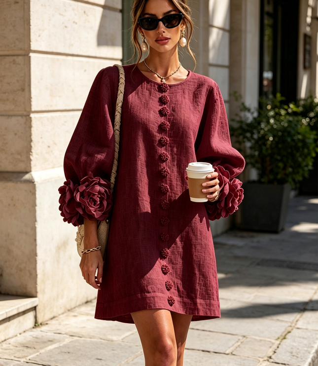 Women's Button-Front Mini Dress with Floral Rosette Cuffs