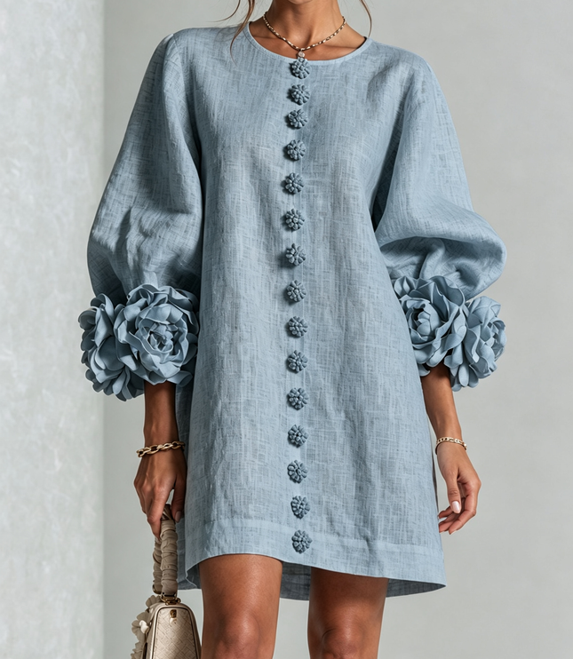 Women's Button-Front Mini Dress with Floral Rosette Cuffs