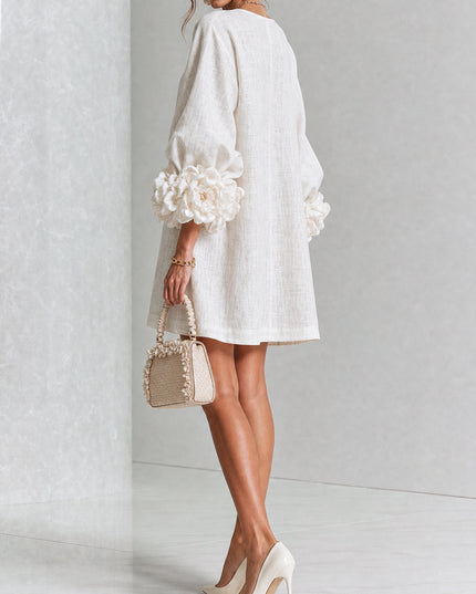 Women's Button-Front Mini Dress with Floral Rosette Cuffs
