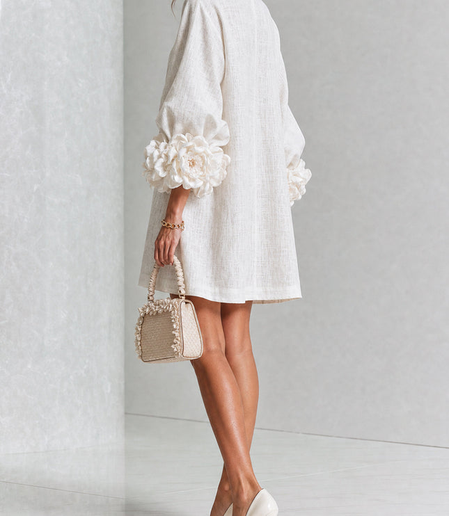 Women's Button-Front Mini Dress with Floral Rosette Cuffs