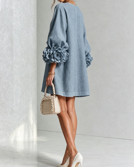 Women's Button-Front Mini Dress with Floral Rosette Cuffs
