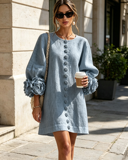 Women's Button-Front Mini Dress with Floral Rosette Cuffs