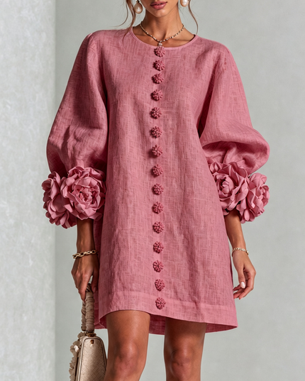 Women's Button-Front Mini Dress with Floral Rosette Cuffs
