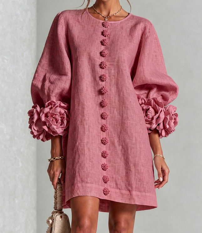 Women's Button-Front Mini Dress with Floral Rosette Cuffs