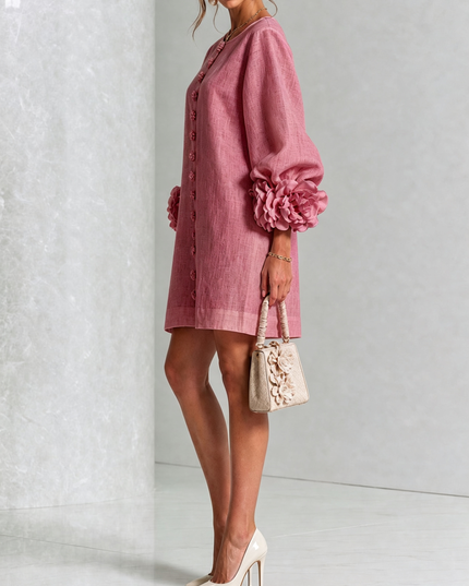 Women's Button-Front Mini Dress with Floral Rosette Cuffs