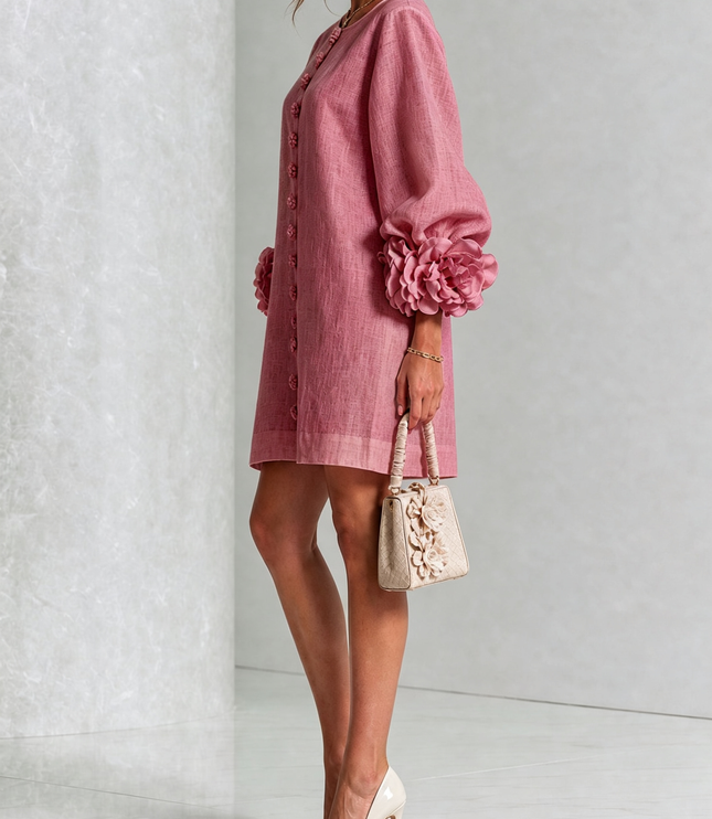 Women's Button-Front Mini Dress with Floral Rosette Cuffs