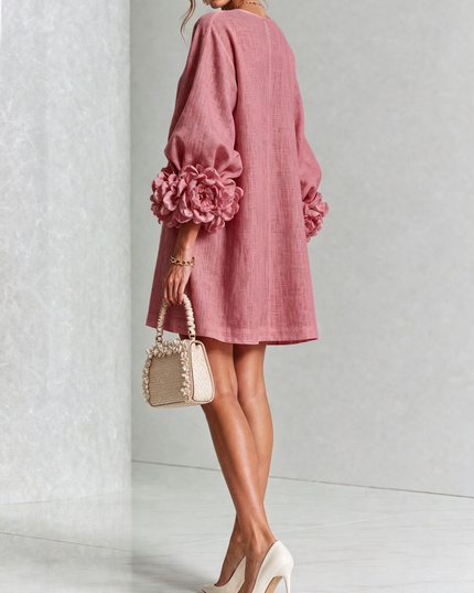 Women's Button-Front Mini Dress with Floral Rosette Cuffs