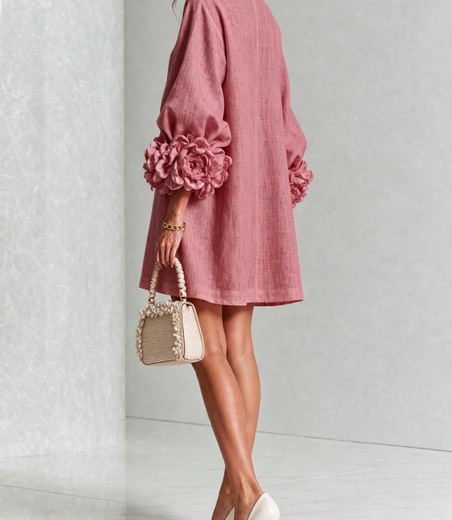 Women's Button-Front Mini Dress with Floral Rosette Cuffs