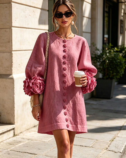 Women's Button-Front Mini Dress with Floral Rosette Cuffs