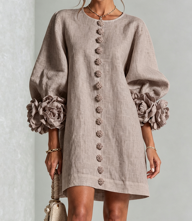 Women's Button-Front Mini Dress with Floral Rosette Cuffs