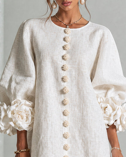 Women's Button-Front Mini Dress with Floral Rosette Cuffs