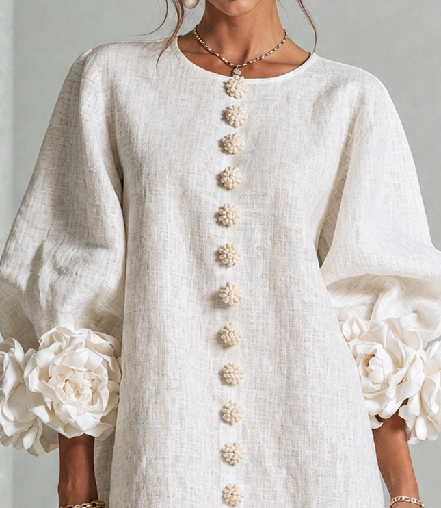 Women's Button-Front Mini Dress with Floral Rosette Cuffs