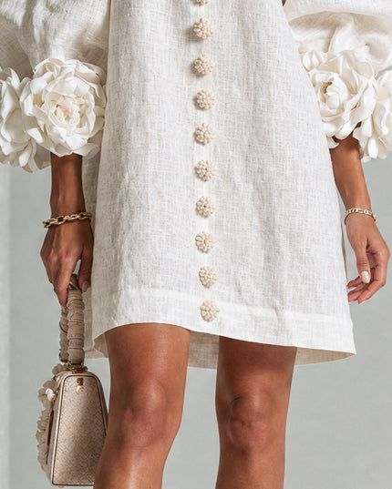 Women's Button-Front Mini Dress with Floral Rosette Cuffs